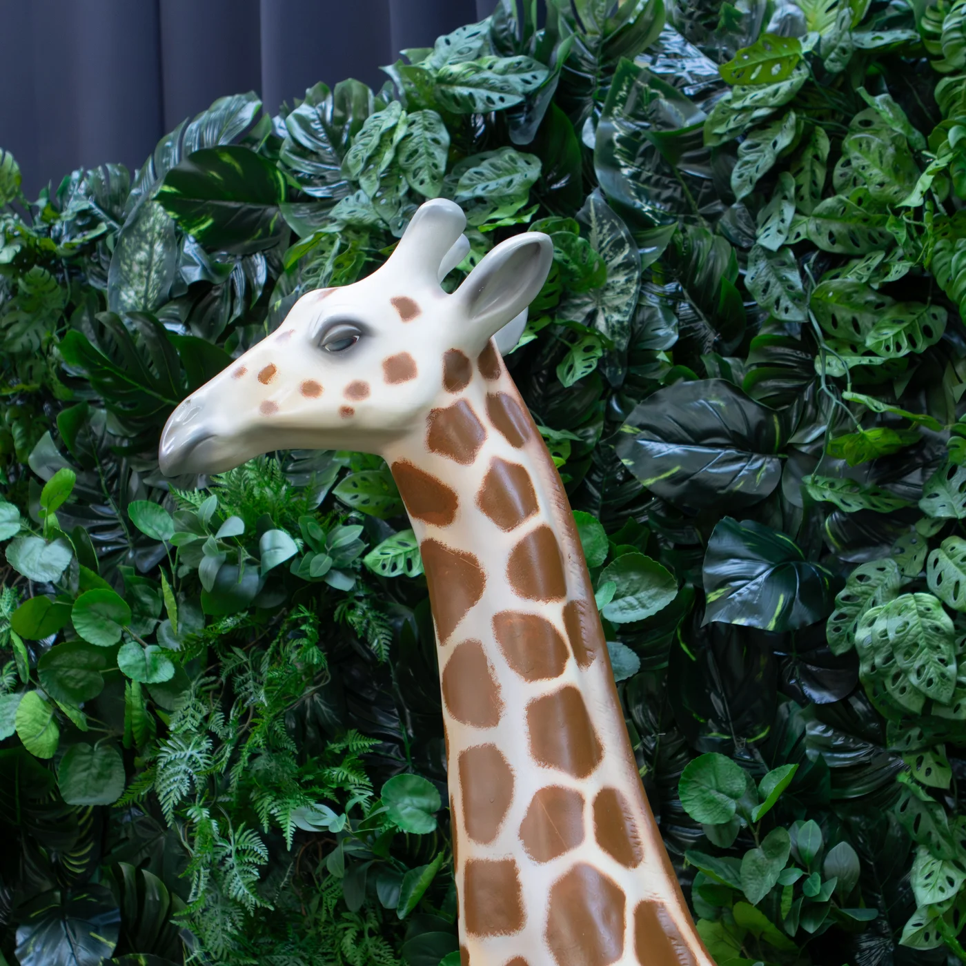 Fragment egzotycznej scenografii jungle z realistyczną figurą żyrafy i tropikalną ścianą roślinną. Zbliżenie na głowę żyrafy na tle ścianki i czarnych kotar na dalszym planie. Naturalna kolorystyka i dopracowane detale figury podkreślają ekskluzywny charakter dekoracji - rent4events.pl wypożycz wrażenia, rent4wedding.pl zachowaj wspomnienia.